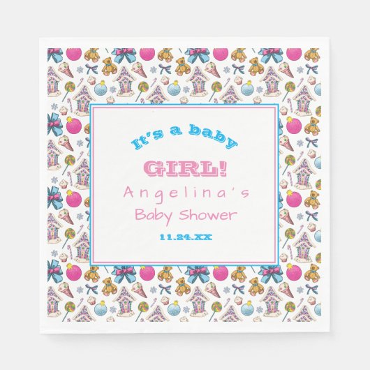 ピンクパーソナライズされたとブルーのクリスマスパターン スタンダードランチョンナプキン (正面)