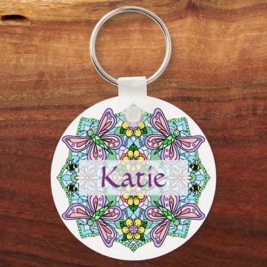 ピンクパーソナライズされたとブルーの蝶マンダラ キーホルダー (正面)