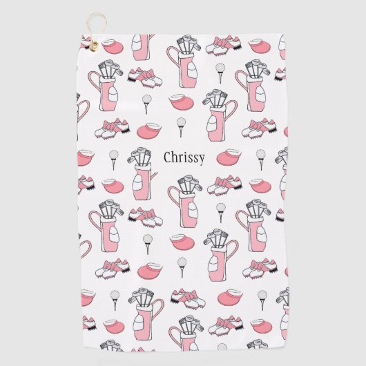 ピンクパーソナライズされたとホワイトゴルフテーマレディース ゴルフタオル (正面)