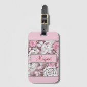 ピンクパーソナライズされたとメイブのヴィンテージバラパターン ラゲッジタグ (正面縦)