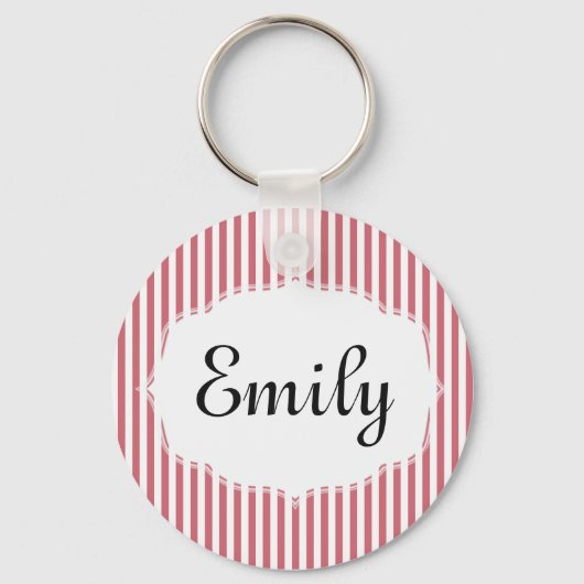 ピンクパーソナライズされたと白のキーストライプのチェーン キーホルダー (正面)