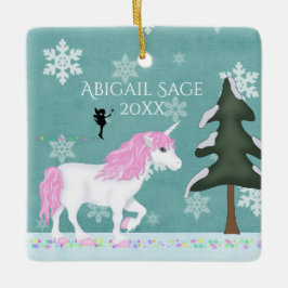 ピンクパーソナライズされたと白のユニコーンと妖精 セラミックオーナメント