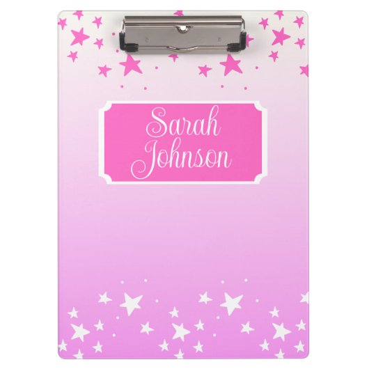 ピンクパーソナライズされたと白の星 クリップボード (正面)
