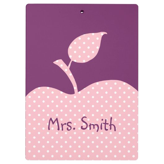 ピンクパーソナライズされたと白の水玉模様リンゴ クリップボード (裏面)