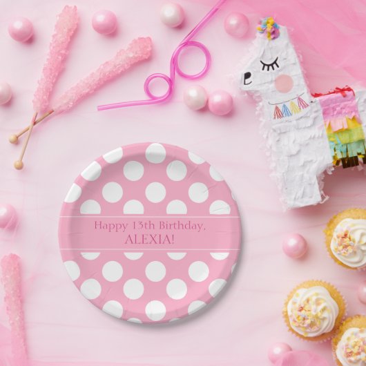ピンクパーソナライズされたと白の水玉模様紙プレート ペーパープレート (パーティー)