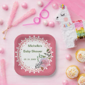 ピンクパーソナライズされたと白の花模様 ペーパープレート (パーティー)