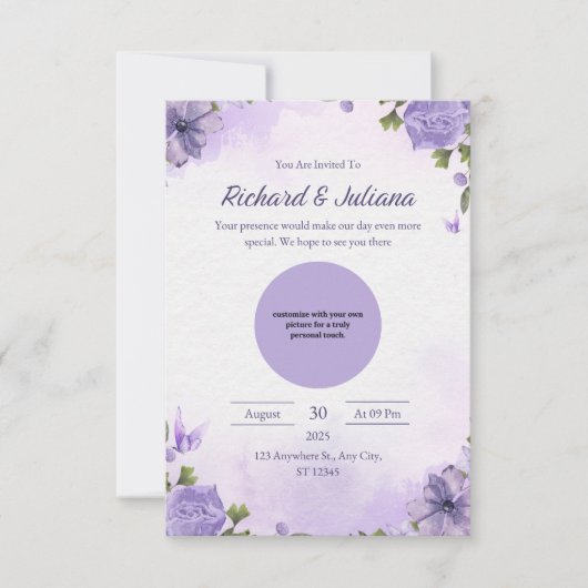 ピンクパーソナライズされたと紫のフローラフォト結婚ズ 招待状 (正面)