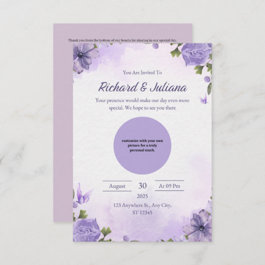 ピンクパーソナライズされたと紫のフローラフォト結婚ズ 招待状 (正面/裏面)