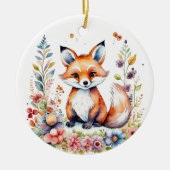 ピンクパーソナライズされたと紫の花とベビーキツネ セラミックオーナメント (正面)