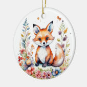 ピンクパーソナライズされたと紫の花とベビーキツネ セラミックオーナメント (左)