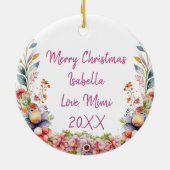 ピンクパーソナライズされたと紫の花とベビーキツネ セラミックオーナメント (裏面)