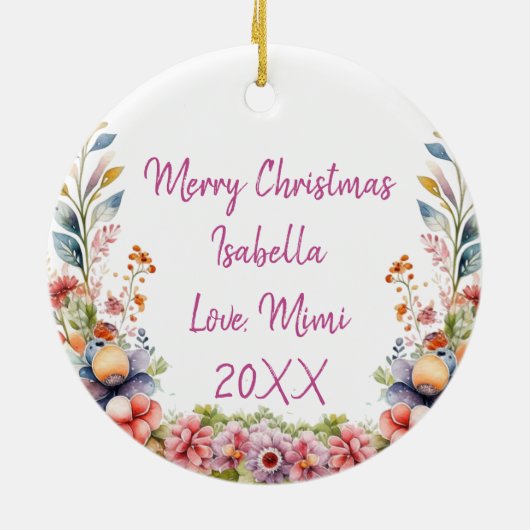 ピンクパーソナライズされたと紫の花とベビーキツネ セラミックオーナメント (裏面)