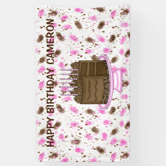 ピンクパーソナライズされたと茶色のドットハッピーバースデー 横断幕 (縦)