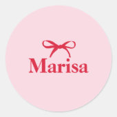 ピンクパーソナライズされたと赤の弓の名前 ラウンドシール (正面)