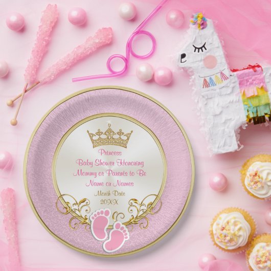 ピンクパーソナライズされたと金ゴールドの赤ちゃんシャワープレート ペーパープレート (パーティー)