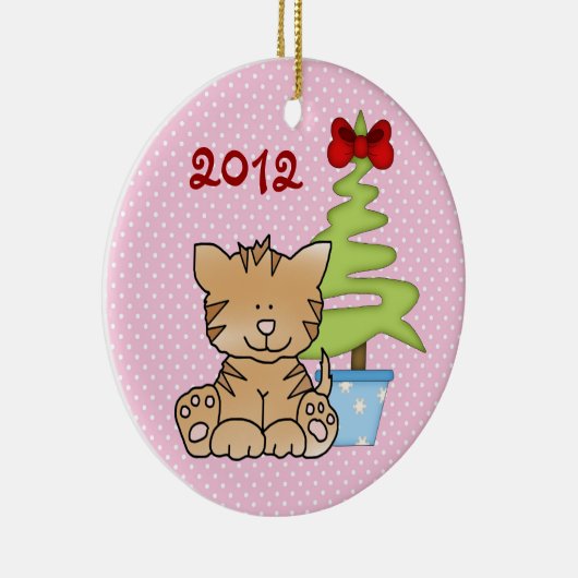 ピンクパーソナライズされたに可愛い猫とクリスマスツリー セラミックオーナメント (右)