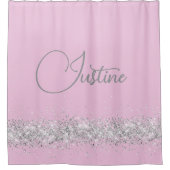 ピンクパーソナライズされたに染まる銀色のキラキラ シャワーカーテン (正面)