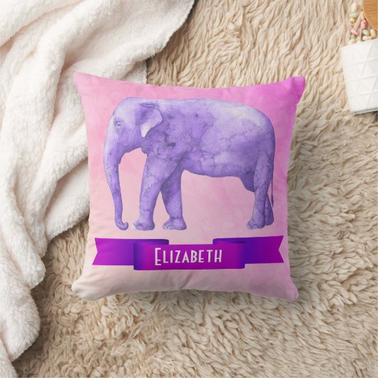 ピンクパーソナライズされたに紫の水彩象 クッション (ブランケット)