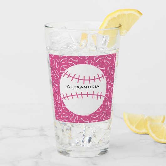 ピンクパーソナライズされたに野球ソフトボールの模様 タンブラーグラス (アイス裏面)