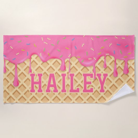 ピンクパーソナライズされたのアイスクリームドリップ ビーチタオル (正面)