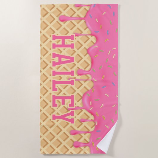 ピンクパーソナライズされたのアイスクリームドリップ ビーチタオル (正面)