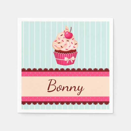ピンクパーソナライズされたのカップケーキミントブルー背景 スタンダードカクテルナプキン (正面)