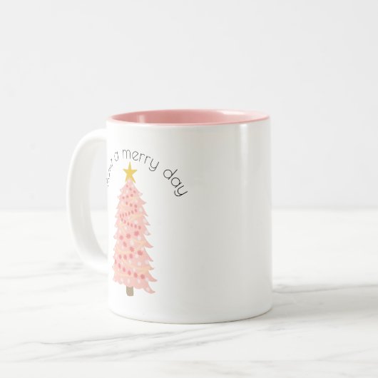 ピンクパーソナライズされたのクリスマスツリーが日をメリー持つ ツートーンマグカップ (正面左)