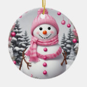 ピンクパーソナライズされたのクリスマス雪だるま セラミックオーナメント (正面)