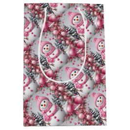 ピンクパーソナライズされたのクリスマス雪だるま ミディアムペーパーバッグ