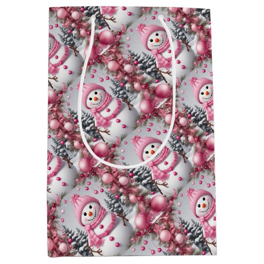 ピンクパーソナライズされたのクリスマス雪だるま ミディアムペーパーバッグ (正面)