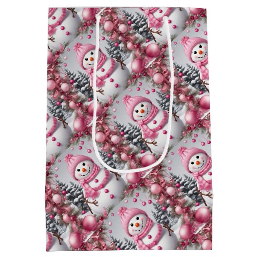 ピンクパーソナライズされたのクリスマス雪だるま ミディアムペーパーバッグ (裏面)