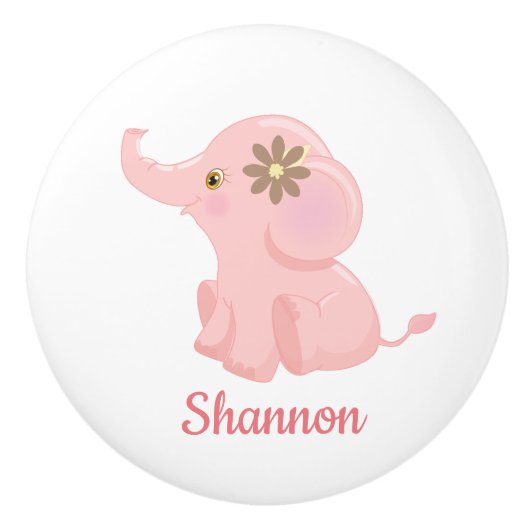 ピンクパーソナライズされたのジャングルアニマルゾウ子供部屋 セラミックノブ (正面)