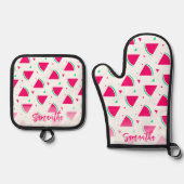 ピンクパーソナライズされたのスイカ模様 鍋つかみ&鍋敷きセット (正面)