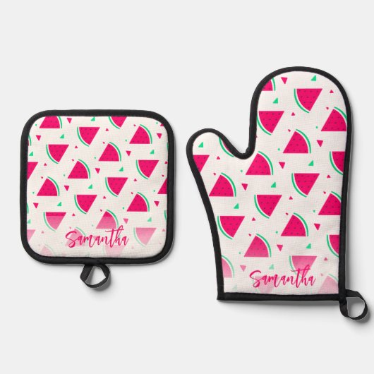 ピンクパーソナライズされたのスイカ模様 鍋つかみ&鍋敷きセット (正面)