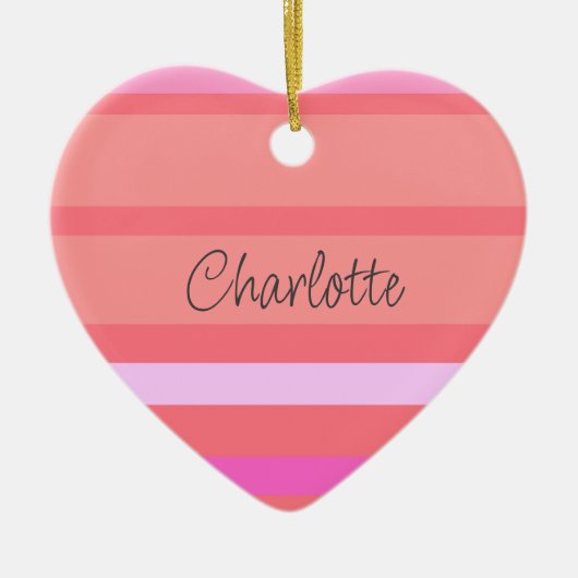 ピンクパーソナライズされたのストライプハート セラミックオーナメント (正面)