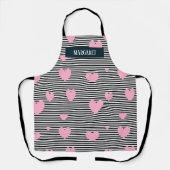ピンクパーソナライズされたのハートとストライプ エプロン (正面)