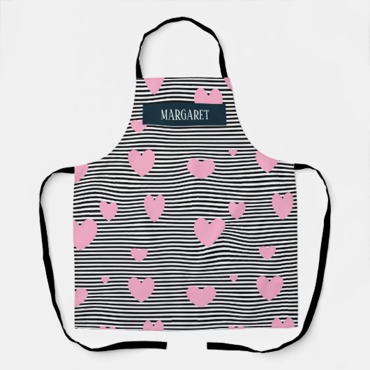 ピンクパーソナライズされたのハートとストライプ エプロン (正面)
