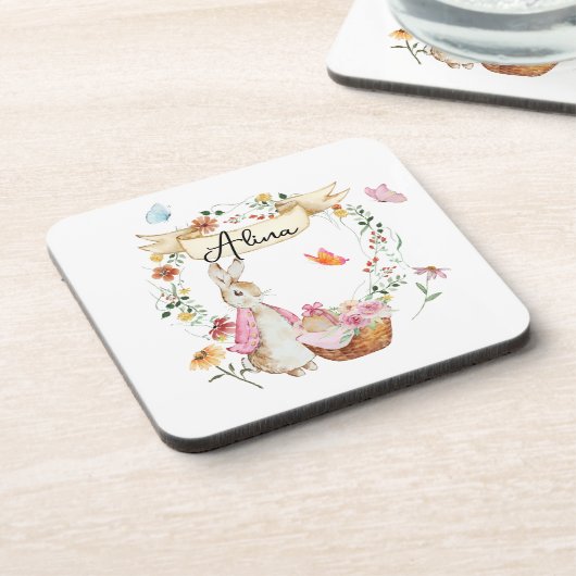 ピンクパーソナライズされたのバニーイースターウォーター色 コースター (左側)