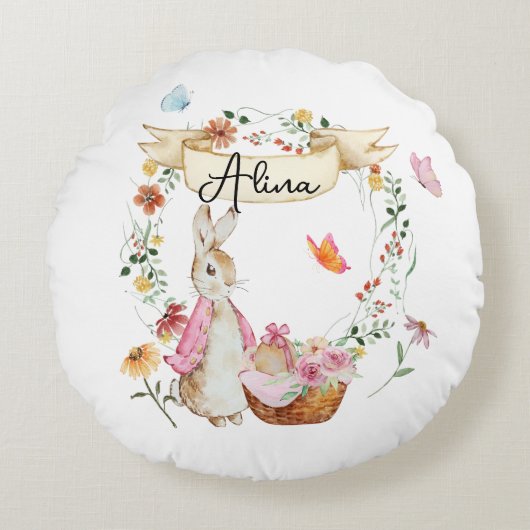 ピンクパーソナライズされたのバニーイースターウォーター色 ラウンドクッション (正面)