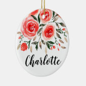 ピンクパーソナライズされたのバラの水彩フローラ セラミックオーナメント (右)
