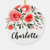 ピンクパーソナライズされたのバラの水彩フローラ セラミックオーナメント (正面)