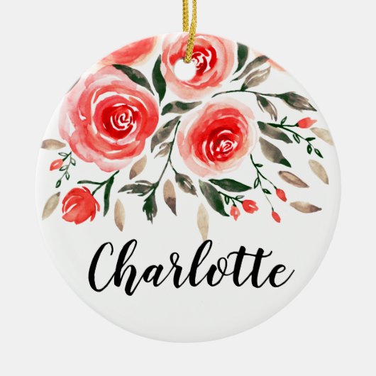 ピンクパーソナライズされたのバラの水彩フローラ セラミックオーナメント (正面)