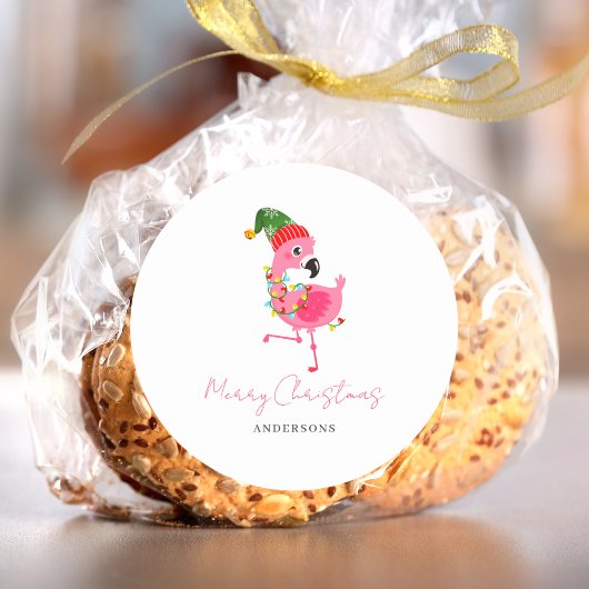 ピンクパーソナライズされたのフラミンゴ・クリスマス ラウンドシール