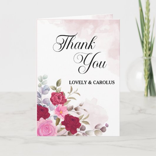 ピンクパーソナライズされたのフローラの結婚花 サンキューカード (正面)
