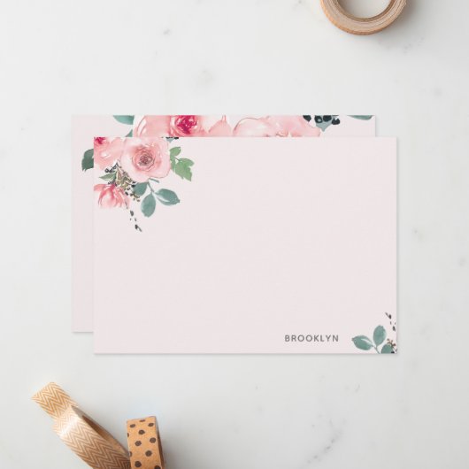 ピンクパーソナライズされたのフローラ水色フラットノートカード ノートカード (正面/裏面インサイチュ)