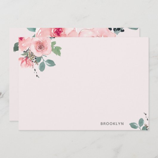 ピンクパーソナライズされたのフローラ水色フラットノートカード ノートカード (正面/裏面)