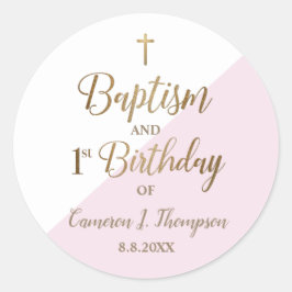 ピンクパーソナライズされたのベビーガールのバプテスマ最初の誕生日 ラウンドシール