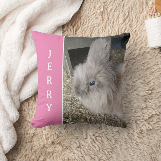 ピンクパーソナライズされたのペットラビットの写真と名前のスロー クッション (ブランケット)