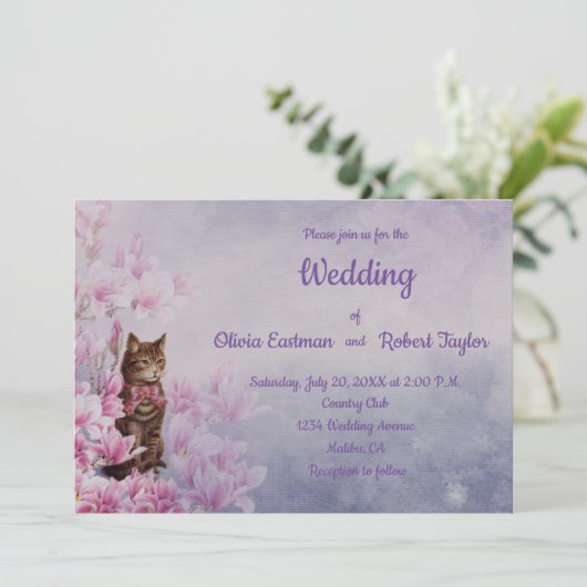 ピンクパーソナライズされたのマグノリアとキャッ結婚ト 招待状 (スタンド正面)