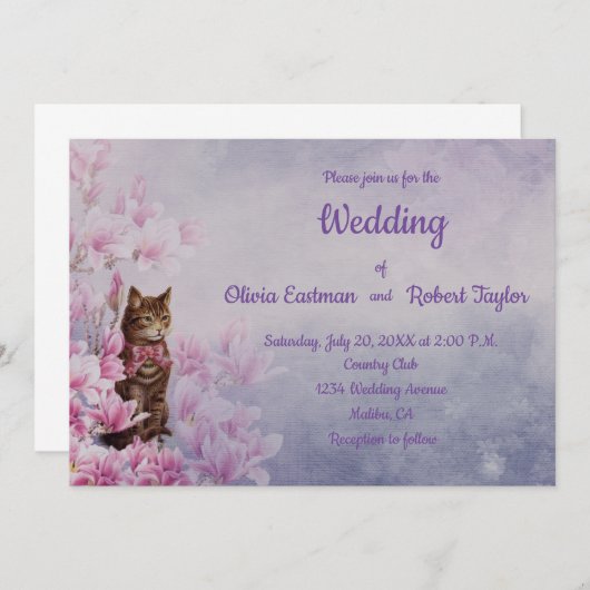 ピンクパーソナライズされたのマグノリアとキャッ結婚ト 招待状 (正面/裏面)